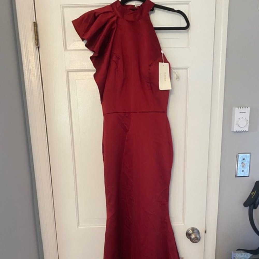 TS COURTURE , size 4 , Mermaid,gown, one shoulder halter w/ ruffle BURGUNDY, NWT